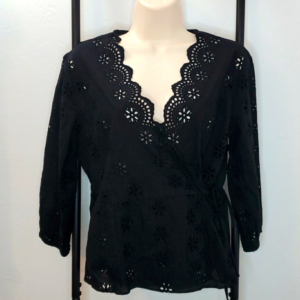 Madewell Black Wrap Top Floral Boho Cottagecore V Neck 3/4 Sleeve SP